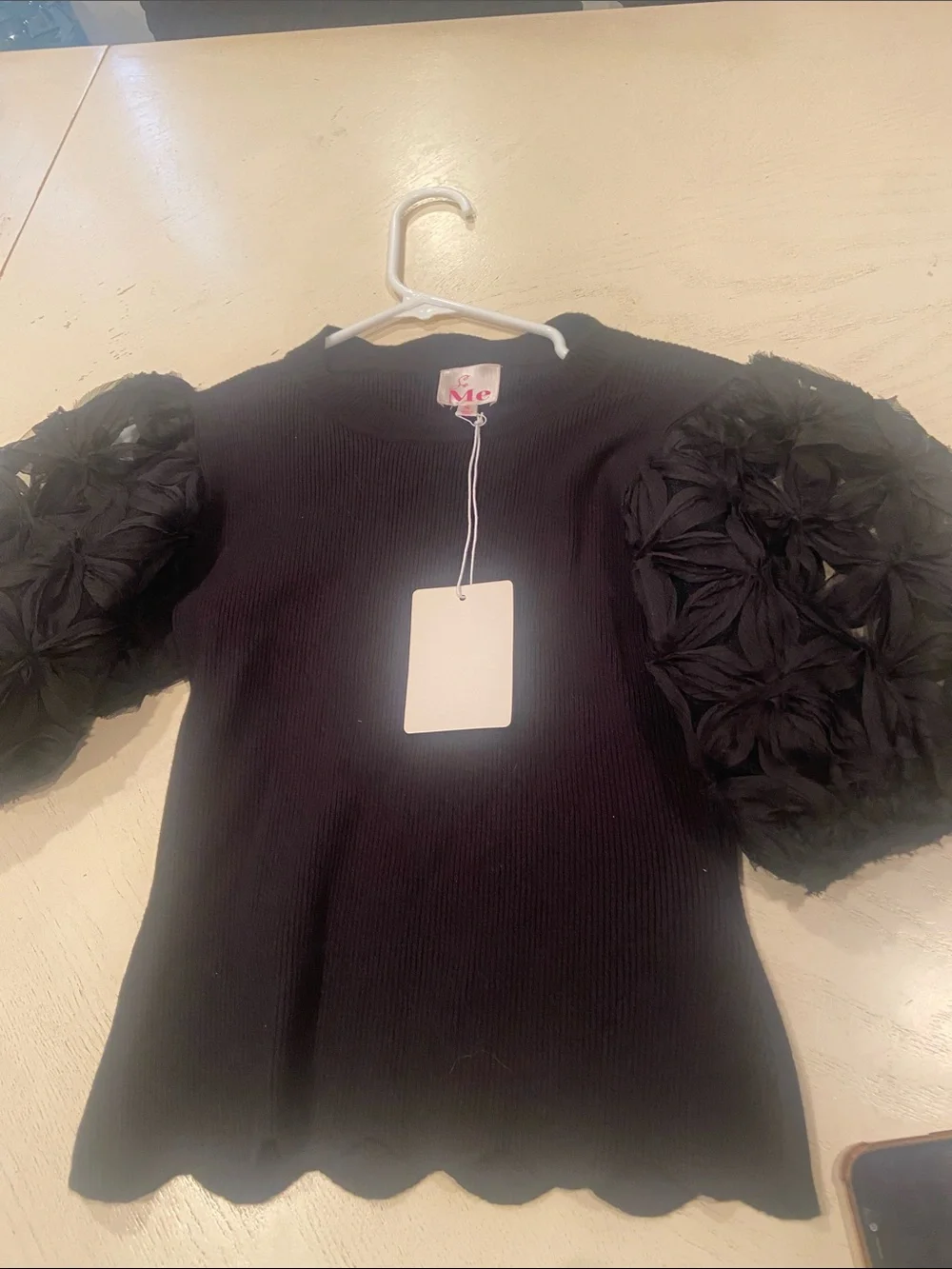 So Me Black Puff-Sleeve Knit Top with Textured Sleeves